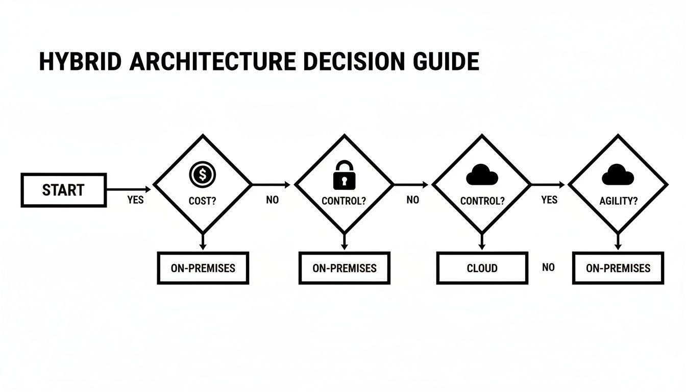 Flowchart guiding hybrid architecture decisions based on cost, control, and agility, leading to on-premises or cloud solutions.