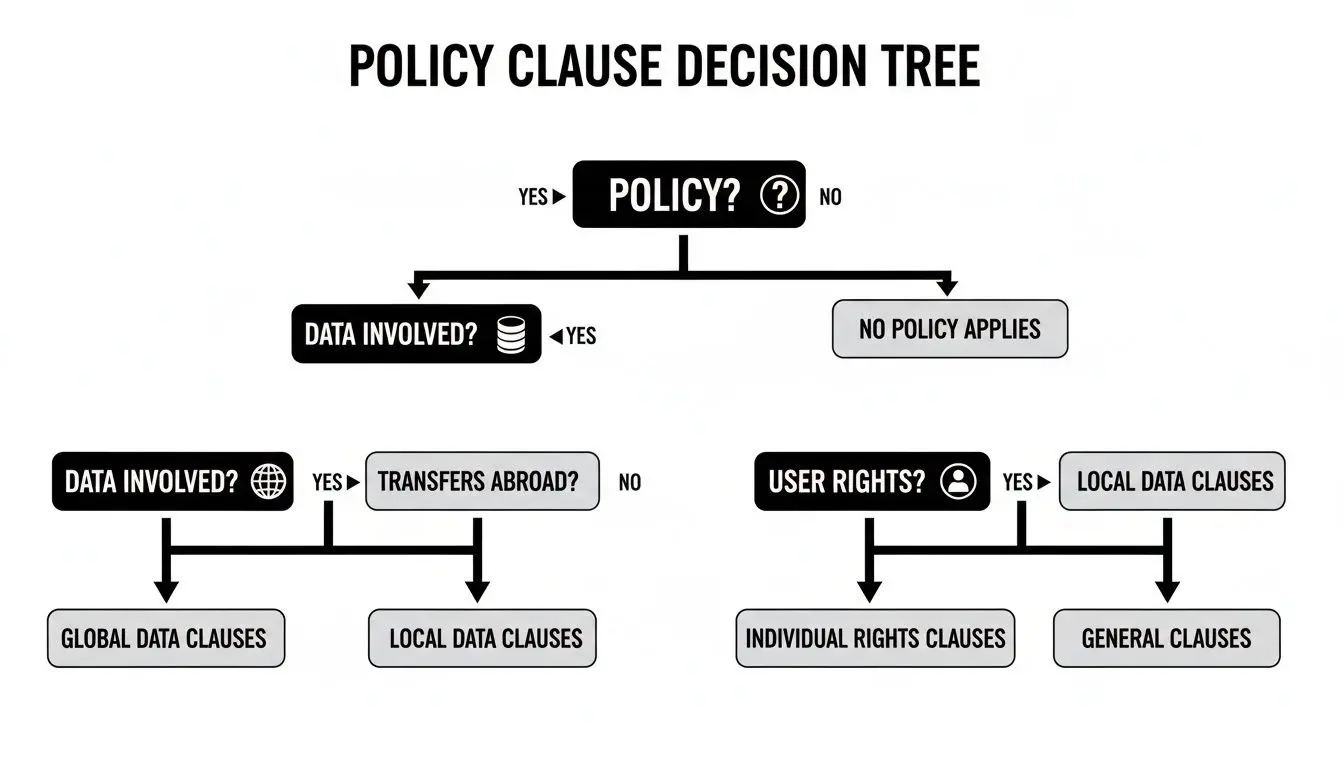 Un diagramma di flusso ad albero decisionale per una clausola di policy sulla gestione dei dati, i diritti degli utenti e i trasferimenti globali.