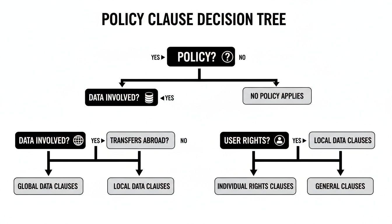 A policy clause decision tree flowchart for data management, user rights, and global transfers.
