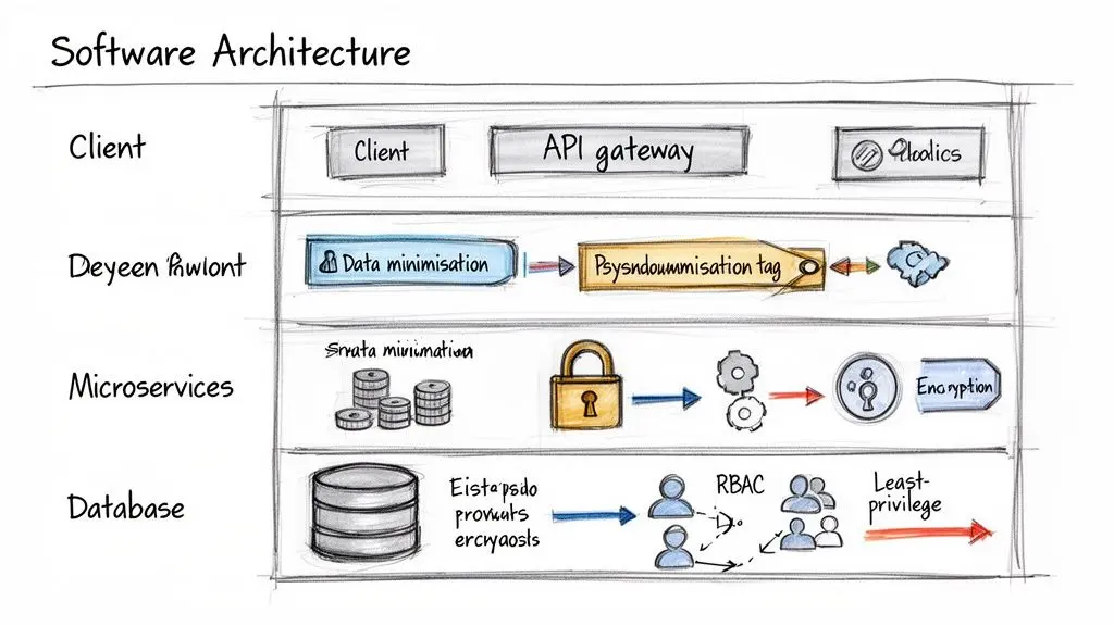 Un diagramma di architettura software che dimostra misure di privacy e sicurezza dei dati attraverso i livelli dell’applicazione.