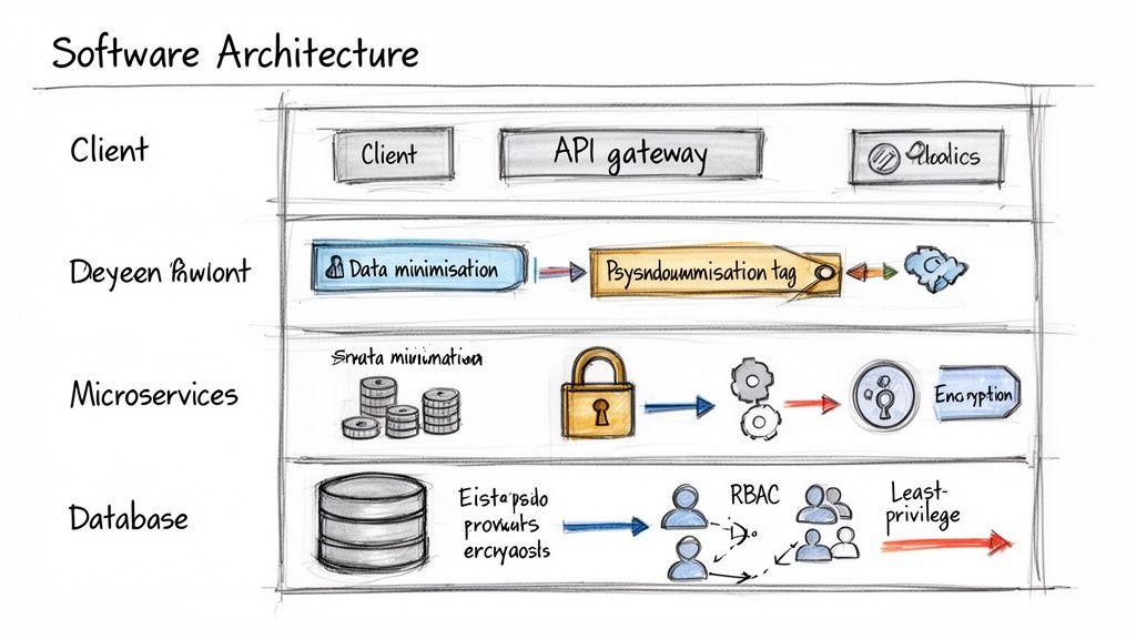 Un diagramma di architettura software che dimostra misure di privacy e sicurezza dei dati attraverso i livelli dell’applicazione.