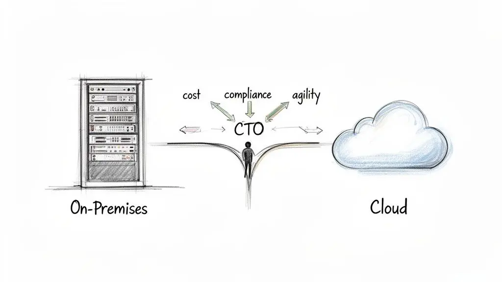 Un CTO decide tra soluzioni on-premises e cloud, considerando costi, conformità e agilità.