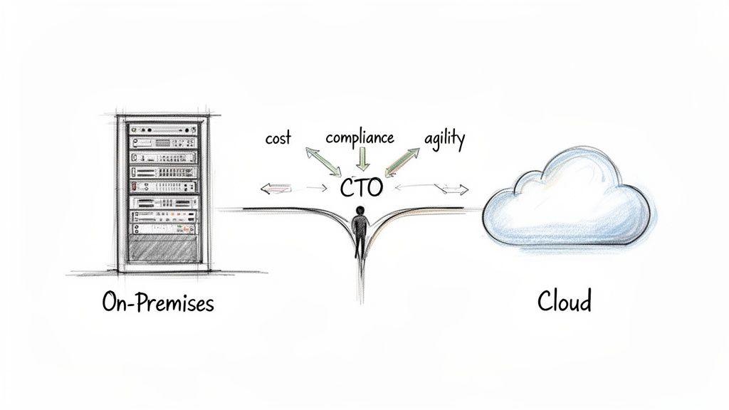 A CTO decides between on-premises and cloud solutions, considering cost, compliance, and agility factors.