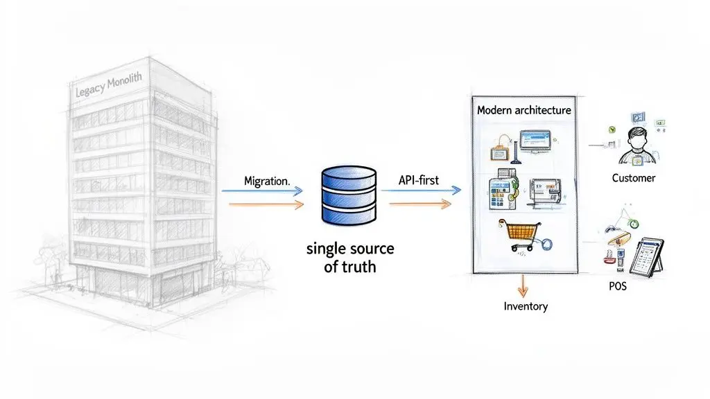 Diagramma che rappresenta la migrazione di un monolite legacy verso un'architettura moderna API-first con una singola fonte di verità per il retail.