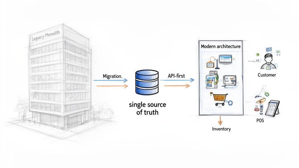 Diagram depicting a legacy monolith migrating to a modern API-first architecture with a single source of truth for retail.
