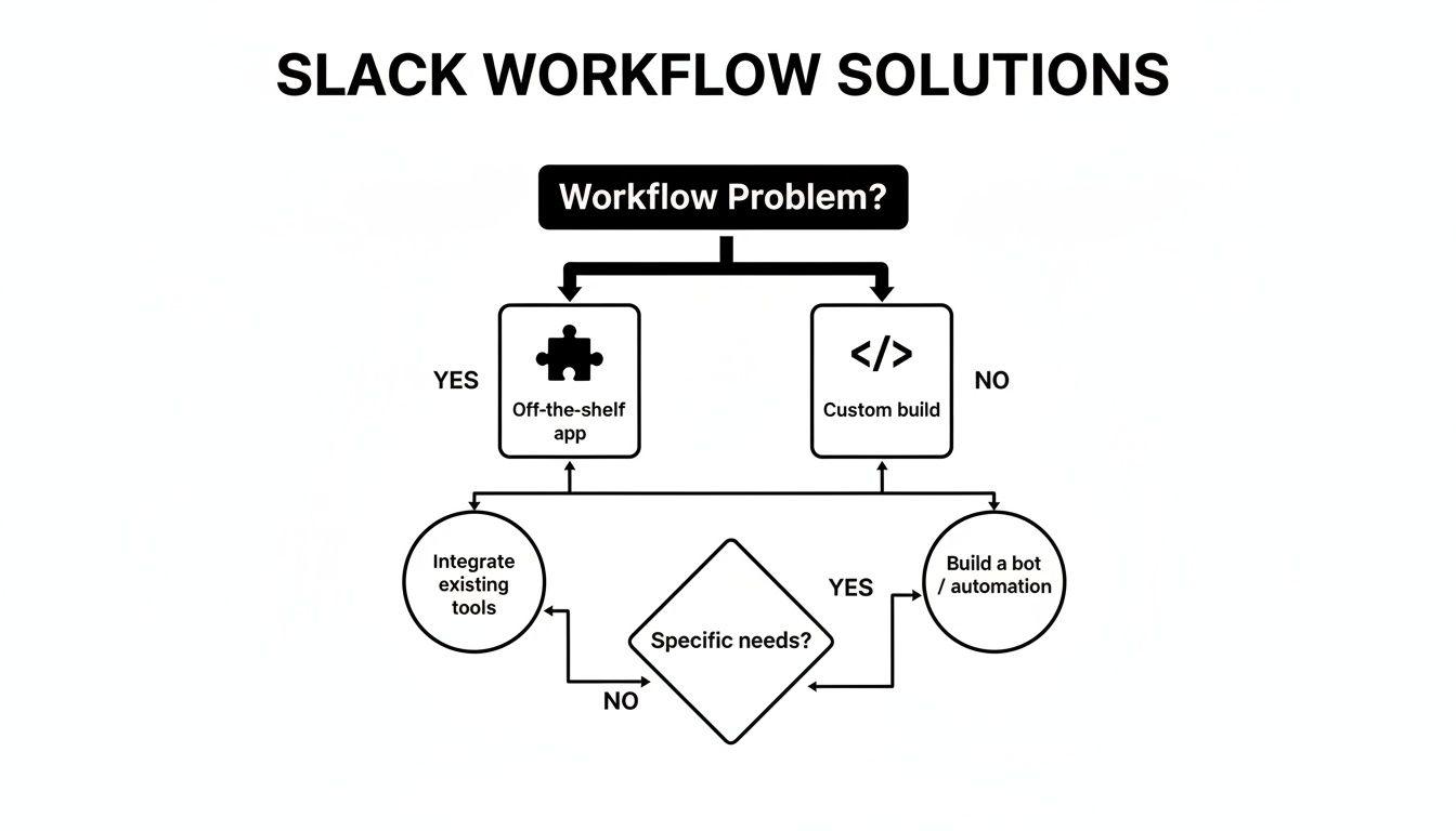 Flowchart outlining Slack workflow solutions, guiding users through off-the-shelf apps or custom builds based on specific needs.