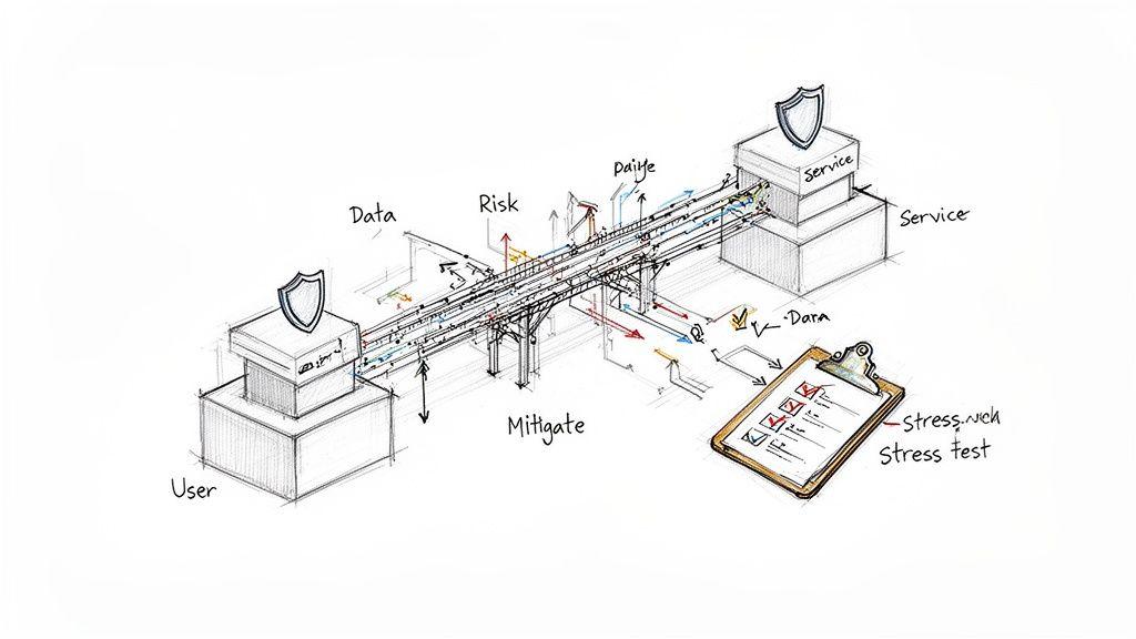 Uno schizzo dettagliato illustra un flusso di dati tra utente e servizio, evidenziando valutazione del rischio e mitigazione.