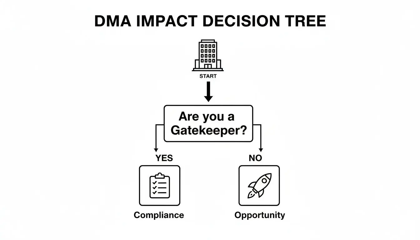 Un diagramma ad albero decisionale dell'impatto del DMA che mostra che se sei un Gatekeeper, si passa alla Compliance; se non lo sei, si tratta di un'Opportunità.