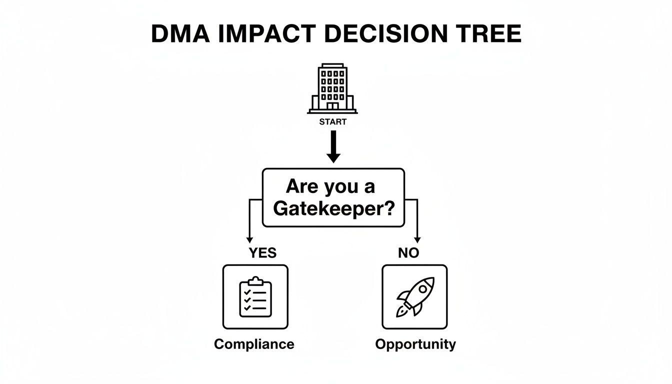 A DMA Impact Decision Tree flowchart showing that if you are a Gatekeeper, it leads to Compliance; if not, it's an Opportunity.
