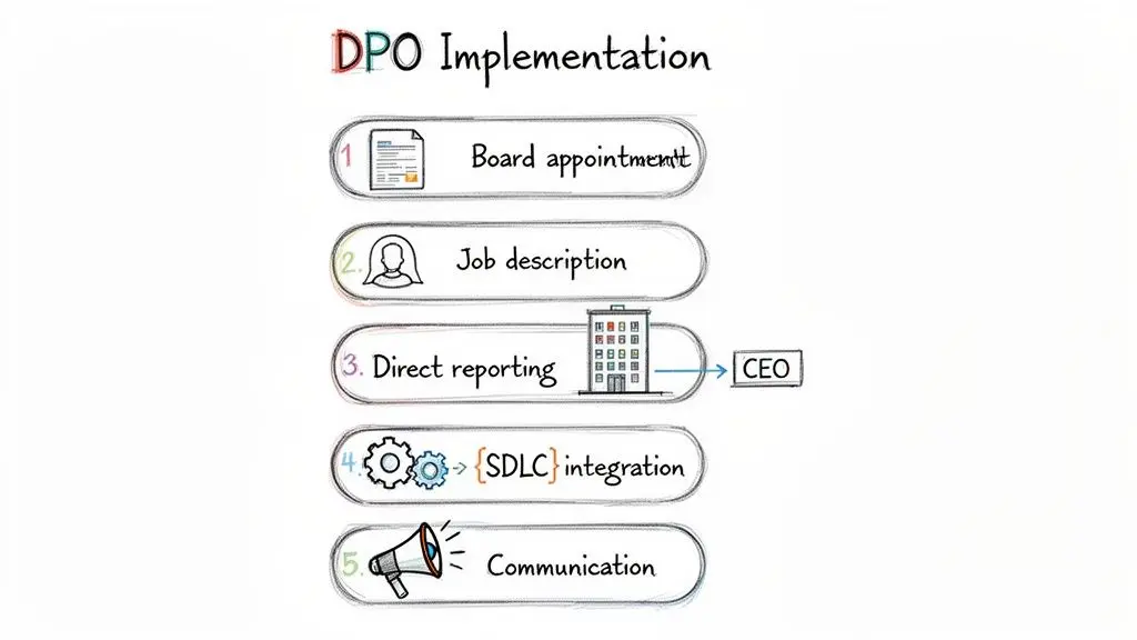 Un’illustrazione che delinea 5 passi per l’implementazione del DPO: nomina del consiglio, descrizione della posizione, reporting diretto, integrazione nell’SDLC e comunicazione.