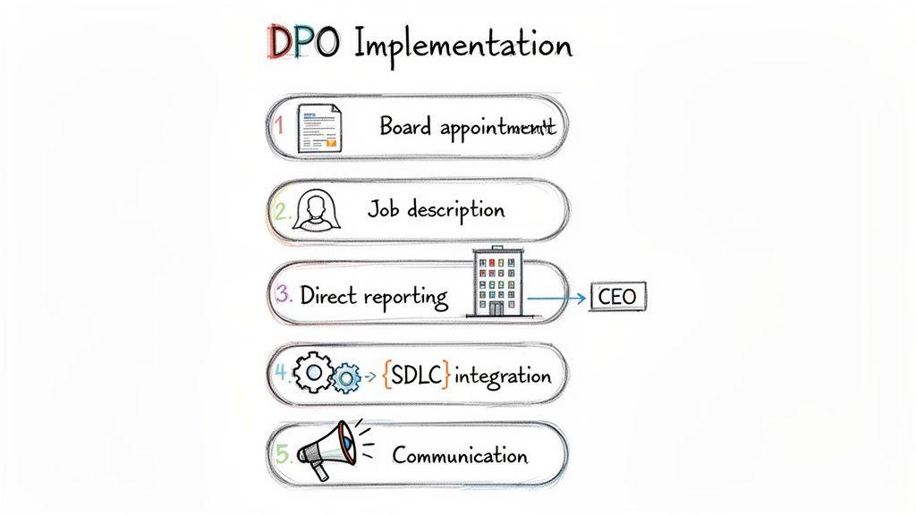 Un’illustrazione che delinea 5 passi per l’implementazione del DPO: nomina del consiglio, descrizione della posizione, reporting diretto, integrazione nell’SDLC e comunicazione.