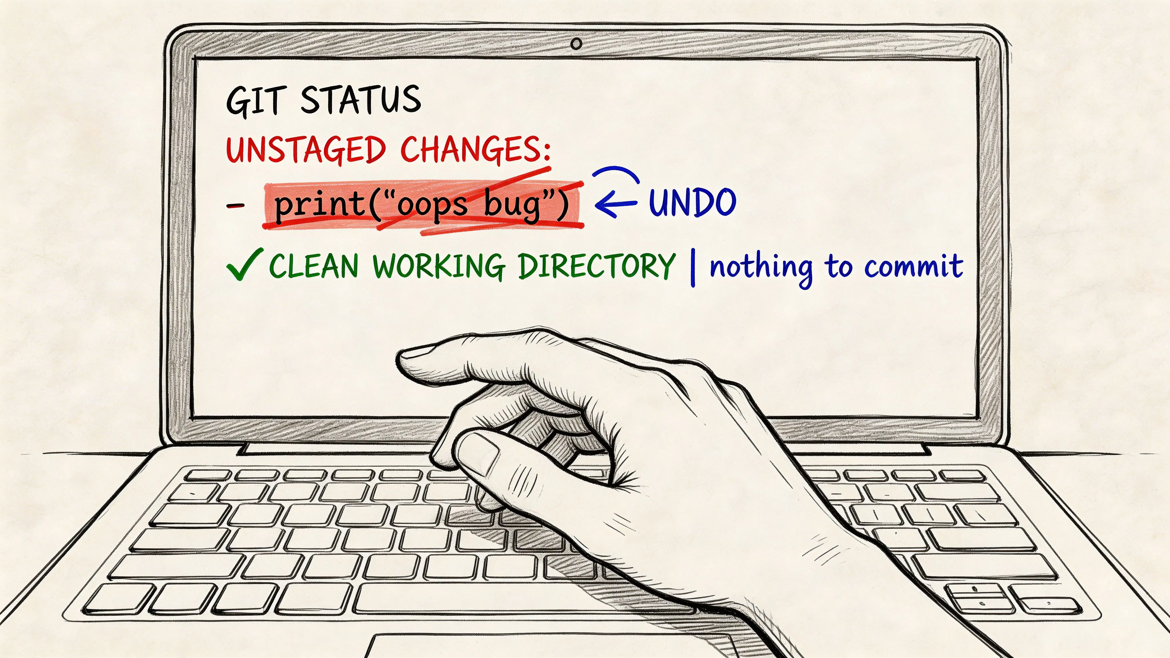 Una mano che digita su uno schermo di laptop mostrando un comando Git status per annullare le modifiche locali di un file.