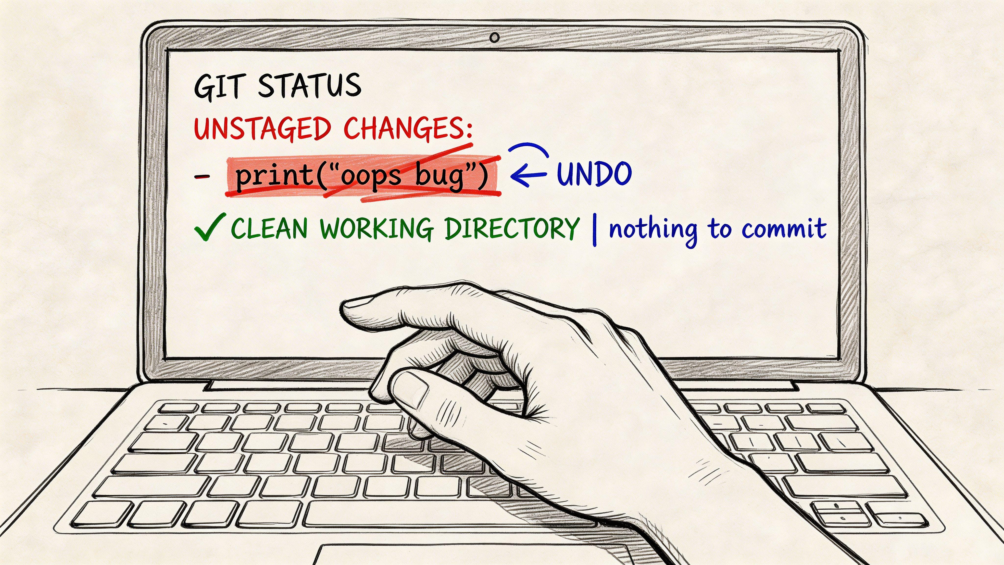 A hand typing on a laptop screen showing a Git status command to undo local file changes.