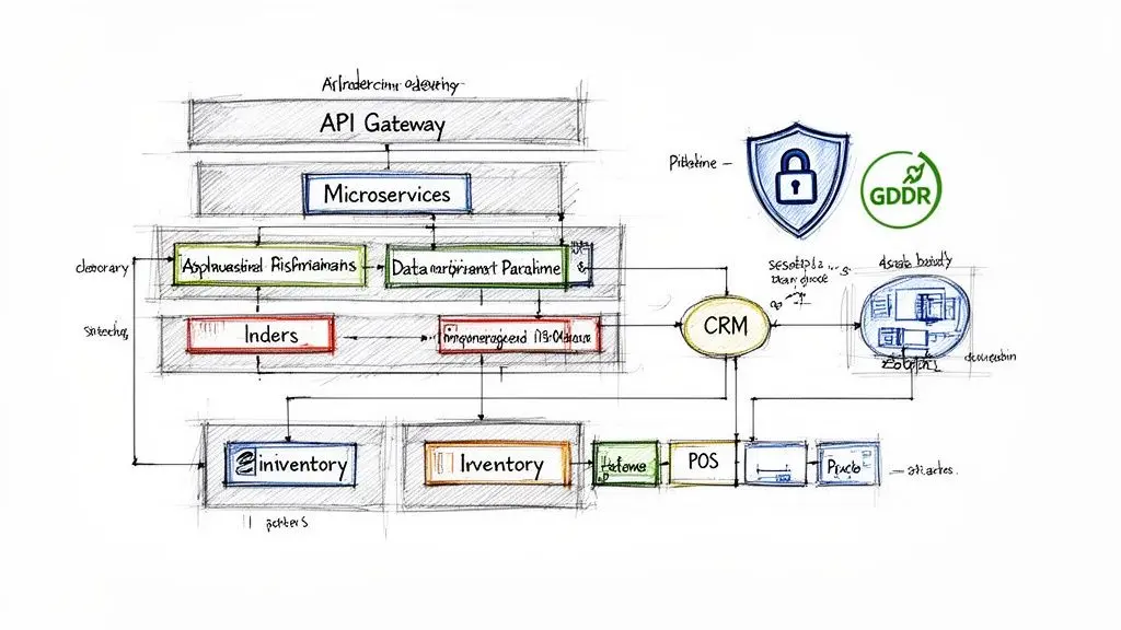 Hand-drawn diagram of a microservices architecture showing API Gateway, CRM, Inventory, and POS systems.