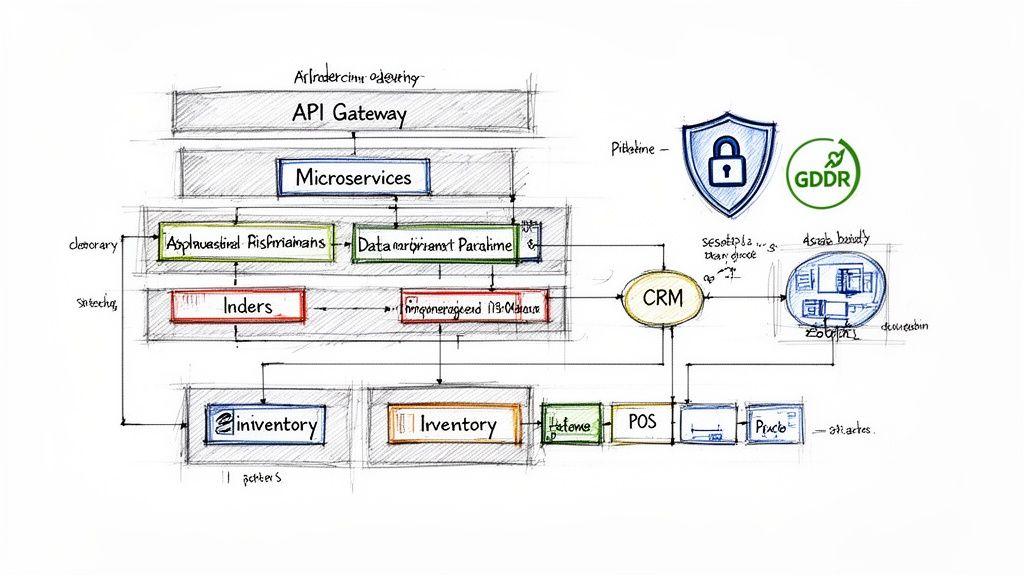 Hand-drawn diagram of a microservices architecture showing API Gateway, CRM, Inventory, and POS systems.