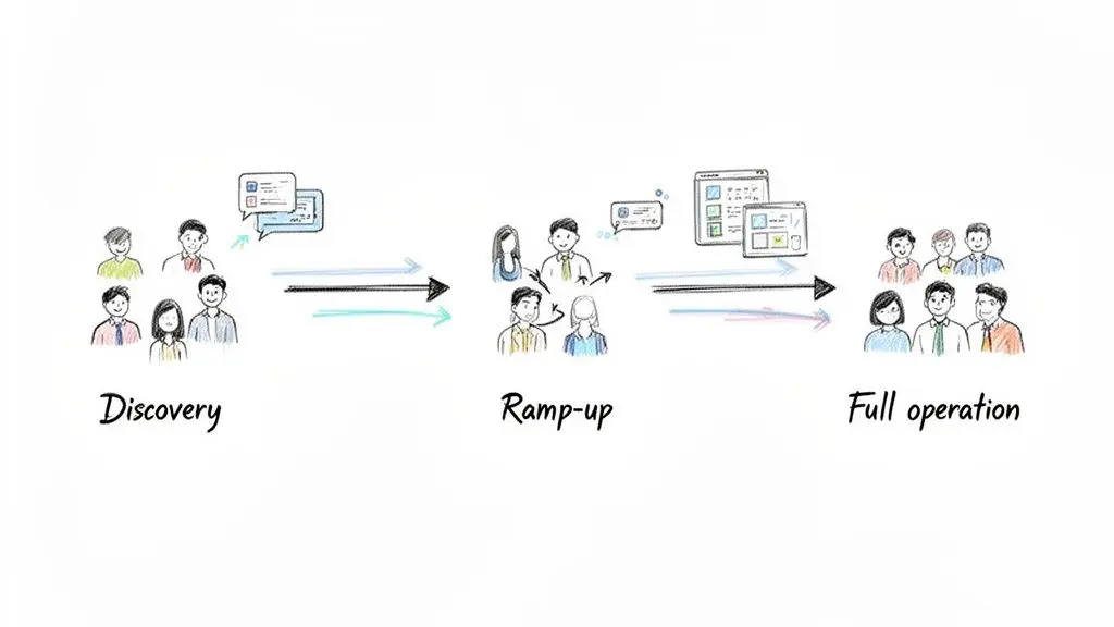 Illustration showing a three-stage IT process: Discovery, Ramp-up, and Full operation with people and digital tools.