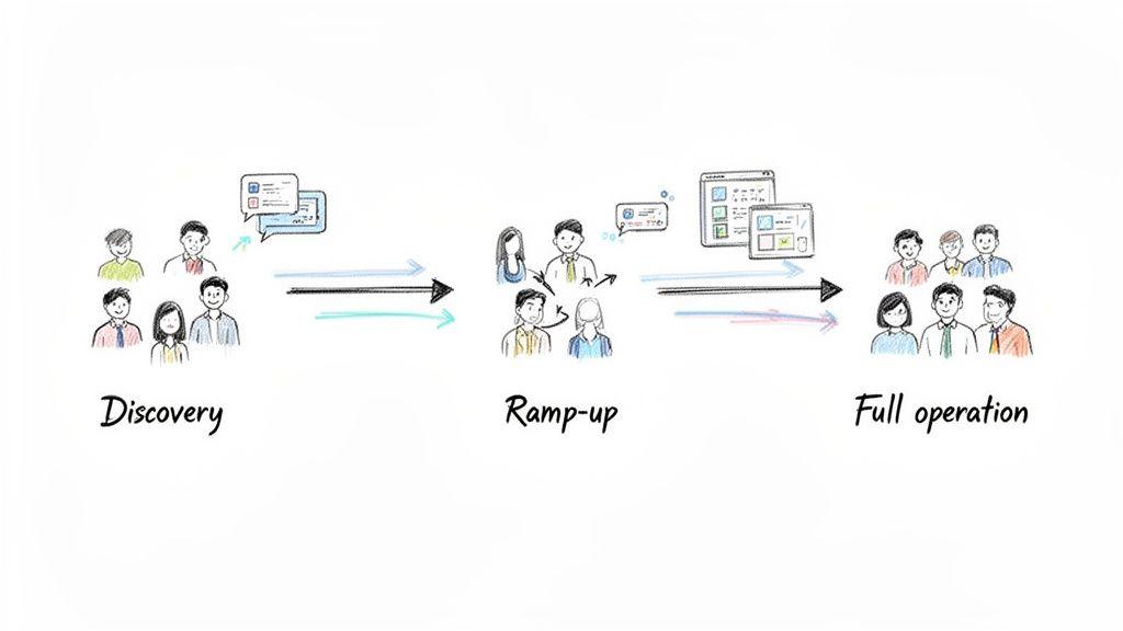 Illustrazione che mostra un processo IT in tre fasi: Discovery, Ramp-up e Operatività completa con persone e strumenti digitali.