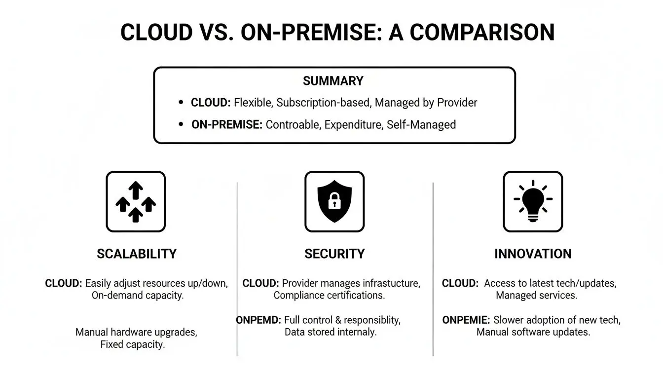 Un grafico di confronto che evidenzia le differenze tra soluzioni cloud e on-premise in termini di scalabilità, sicurezza e innovazione.