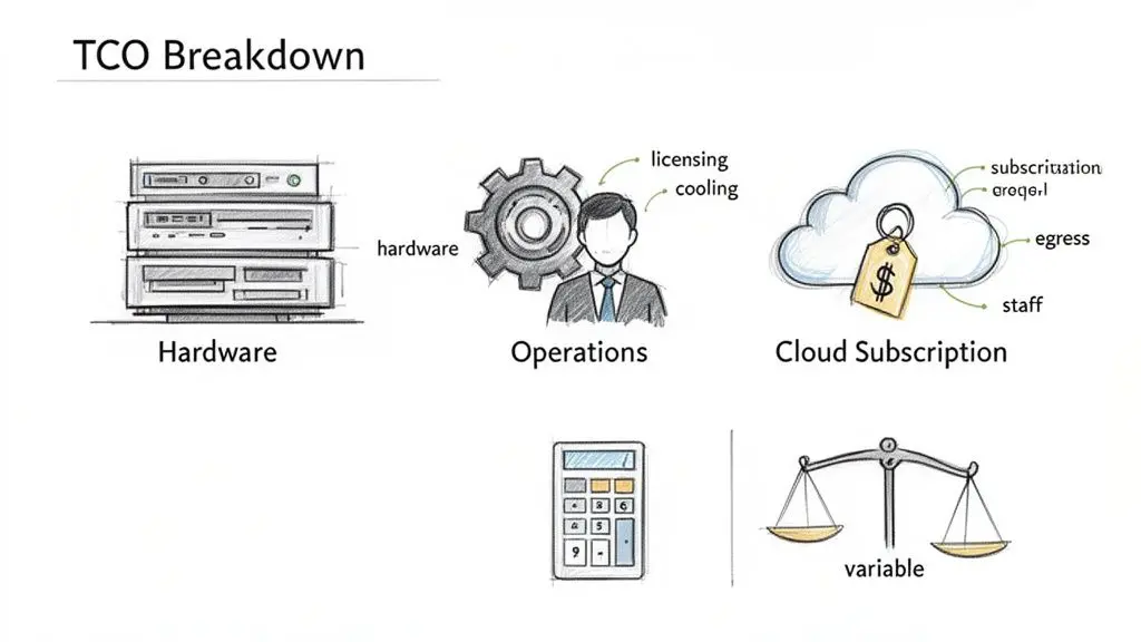 An illustration showing a Total Cost of Ownership (TCO) breakdown for hardware, operations, and cloud subscriptions.