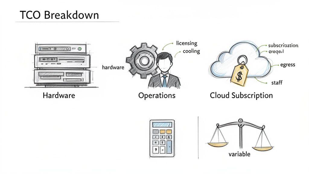 Un'illustrazione che mostra una ripartizione del Costo Totale di Proprietà (TCO) per hardware, operazioni e abbonamenti cloud.