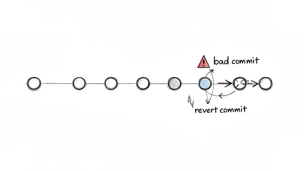 Diagramma che mostra una cronologia di commit con un 'bad commit' evidenziato e un successivo 'revert commit'.