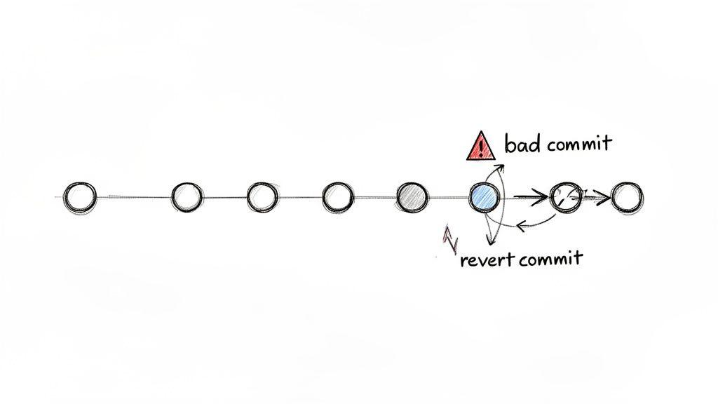 Diagramma che mostra una cronologia di commit con un 'bad commit' evidenziato e un successivo 'revert commit'.
