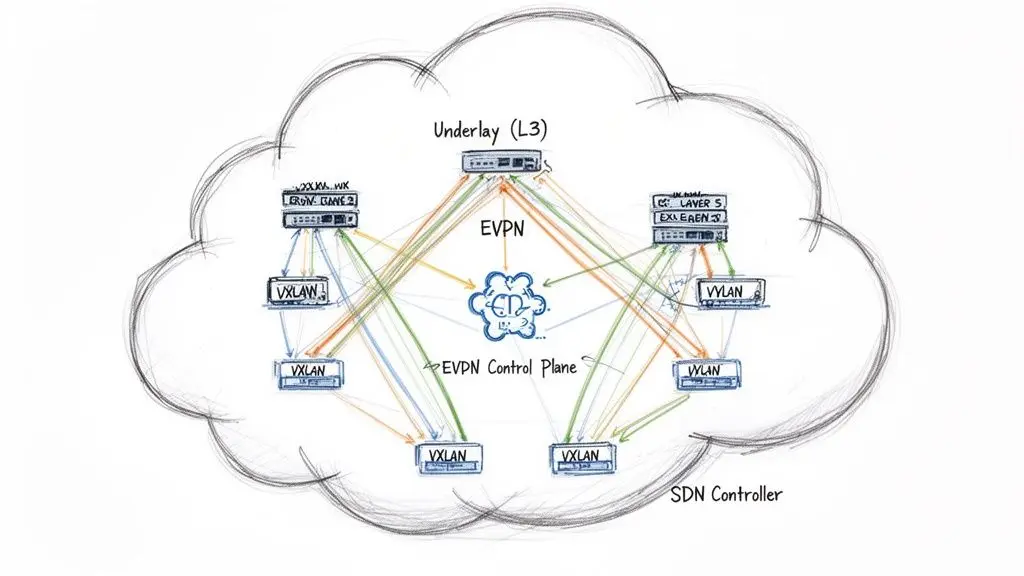 Un diagramma dettagliato dell’architettura di rete che illustra un piano di controllo EVPN che gestisce tunnel VXLAN su un underlay L3.