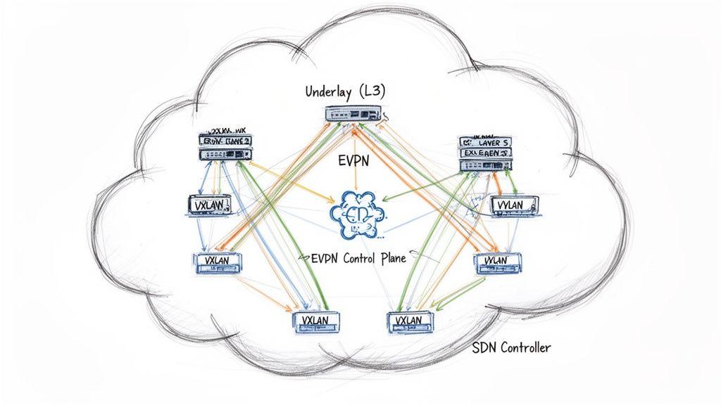 A detailed network architecture diagram illustrating an EVPN control plane managing VXLAN tunnels over an L3 underlay.