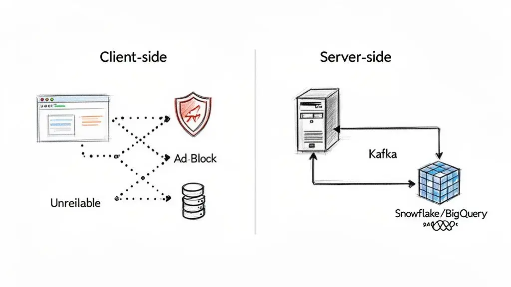 Data flow diagram showcasing client-side challenges and server-side pipeline with Kafka and Snowflake.