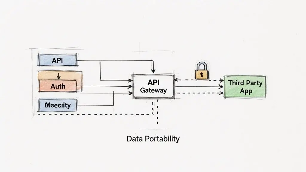 Un diagramma illustra un API Gateway che collega i servizi API, Auth e Maecity a una Third Party App, enfatizzando la portabilità dei dati.