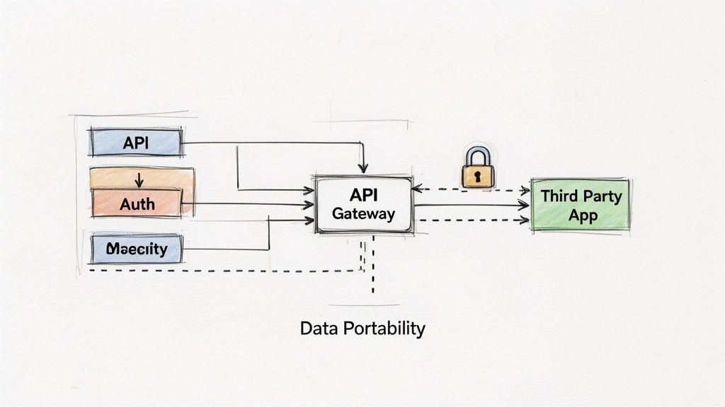 A diagram illustrates an API Gateway connecting API, Auth, and Maecity services to a Third Party App, emphasizing data portability.