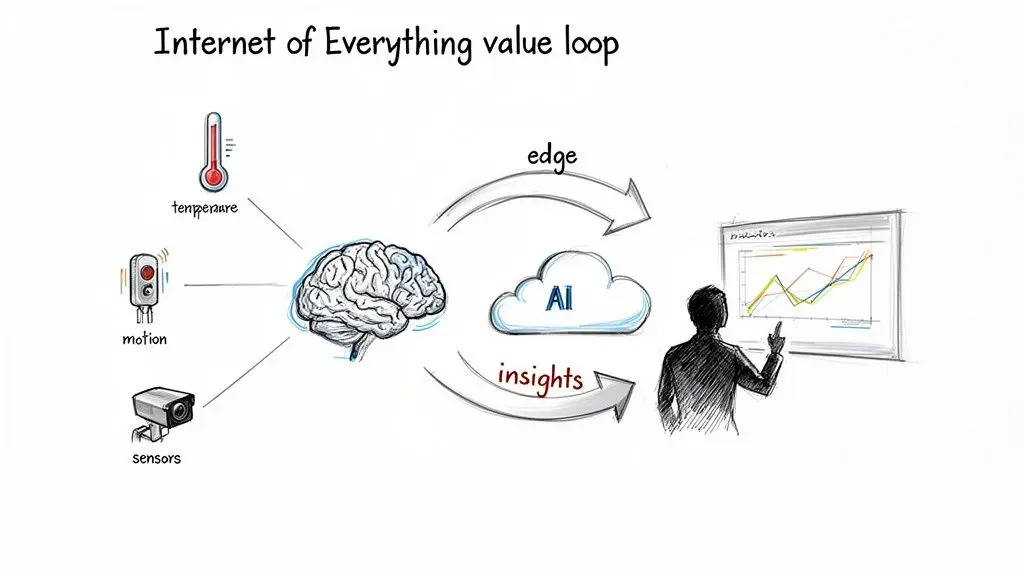 Diagramma che illustra il ciclo di valore dell’Internet of Everything, da vari sensori all’elaborazione cloud con AI e agli insight per l’utente.