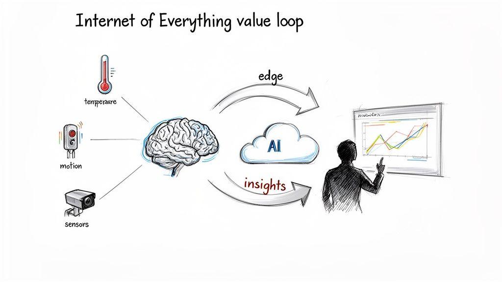 Diagramma che illustra il ciclo di valore dell’Internet of Everything, da vari sensori all’elaborazione cloud con AI e agli insight per l’utente.