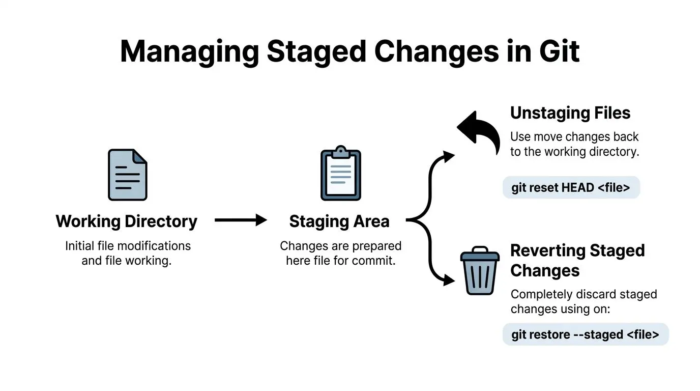 Un diagramma che spiega come rimuovere dallo staging o ripristinare le modifiche nel flusso di lavoro dell'area di staging di Git.