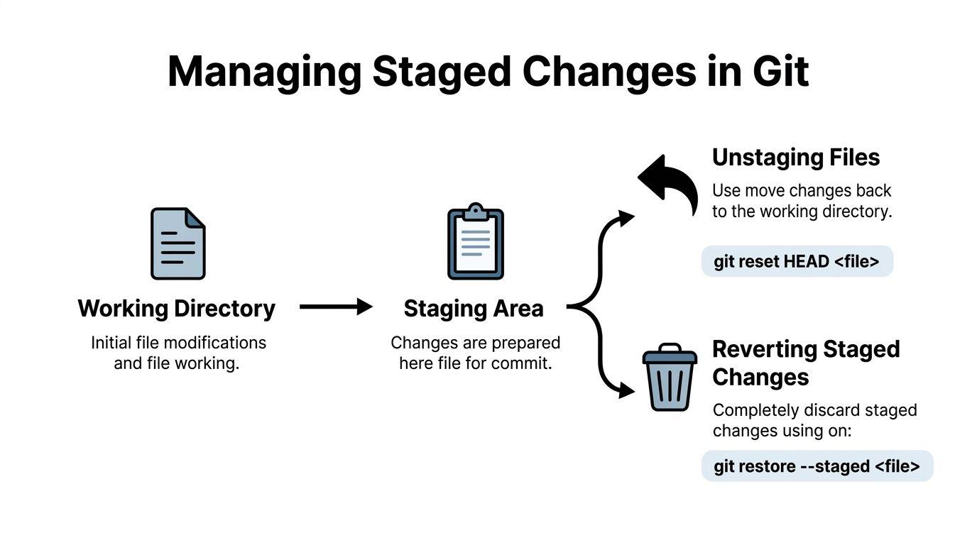 Un diagramma che spiega come rimuovere dallo staging o ripristinare le modifiche nel flusso di lavoro dell'area di staging di Git.