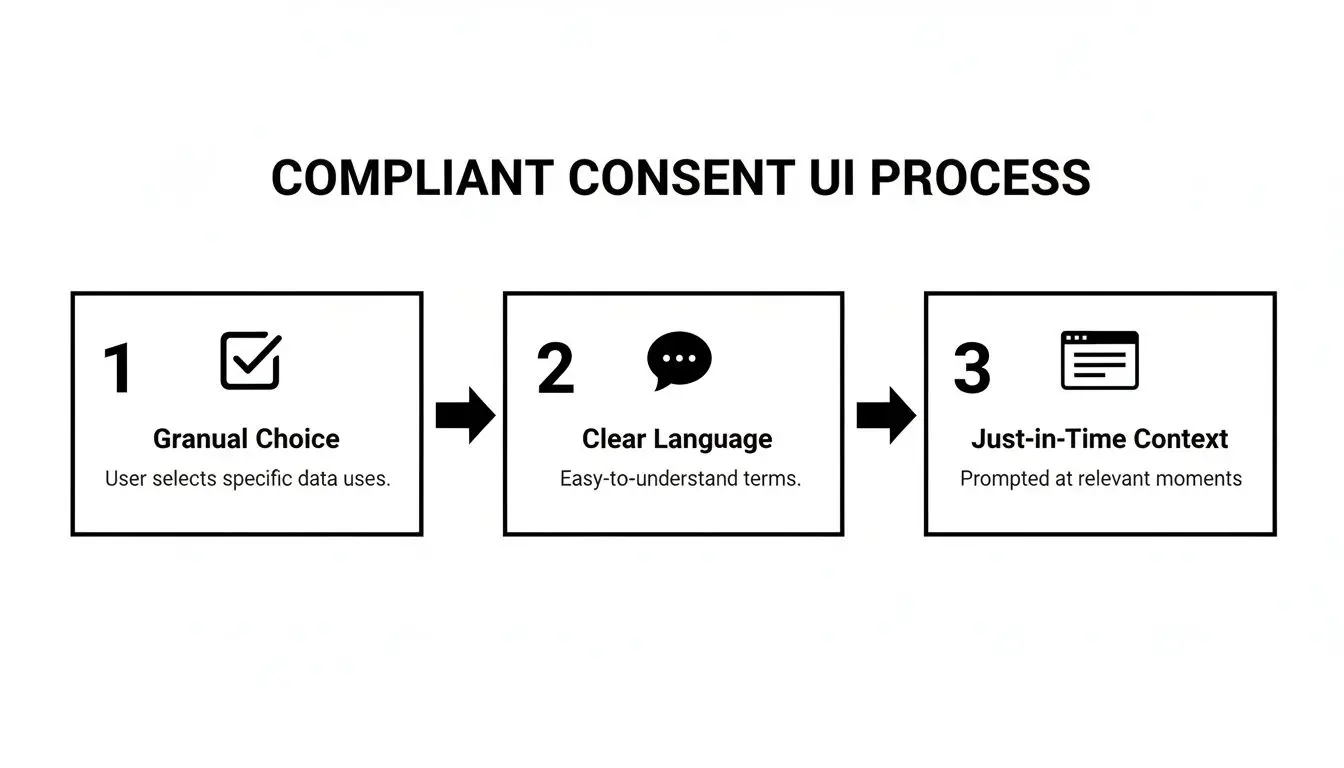 Un diagramma di processo di UI del consenso conforme in tre passaggi che mostra scelta granulare, linguaggio chiaro e contesto just-in-time.