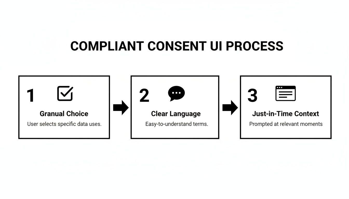 A three-step compliant consent UI process diagram showing granular choice, clear language, and just-in-time context.