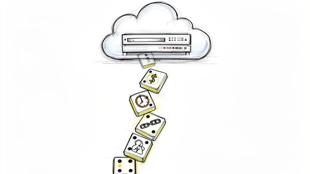 A cloud computing server initiates a domino effect with icons for money, time, and connections.