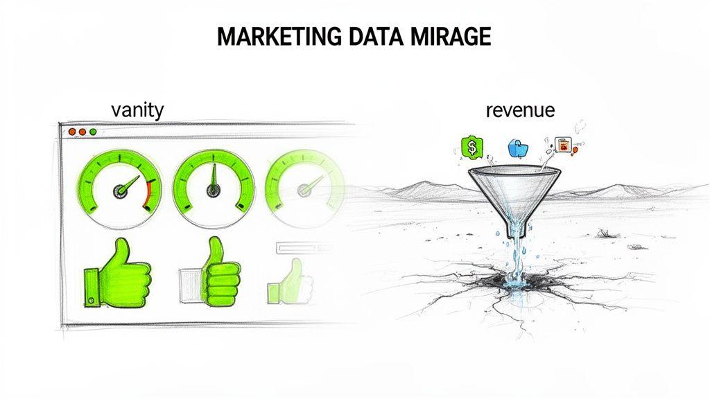 Un'illustrazione che contrappone metriche di vanità del marketing (indicatori, pollice in su) con il fatturato sfuggente generato attraverso un funnel in un deserto.