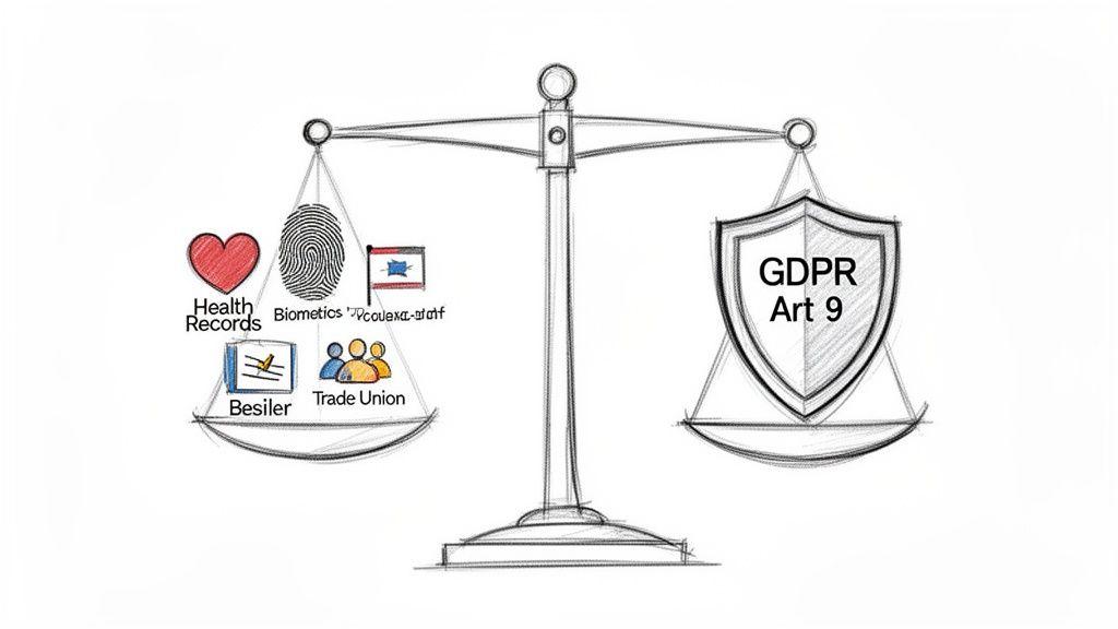 Una bilancia equilibrata illustra dati personali sensibili come cartelle cliniche e dati biometrici contro la protezione dell'Art. 9 del GDPR.