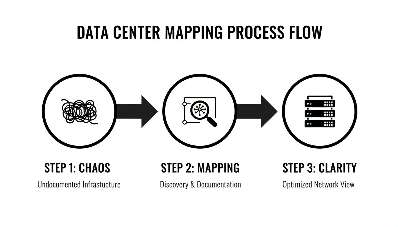 Un diagramma del flusso di processo per la mappatura del data center che mostra tre fasi: Caos, Mappatura e Chiarezza.