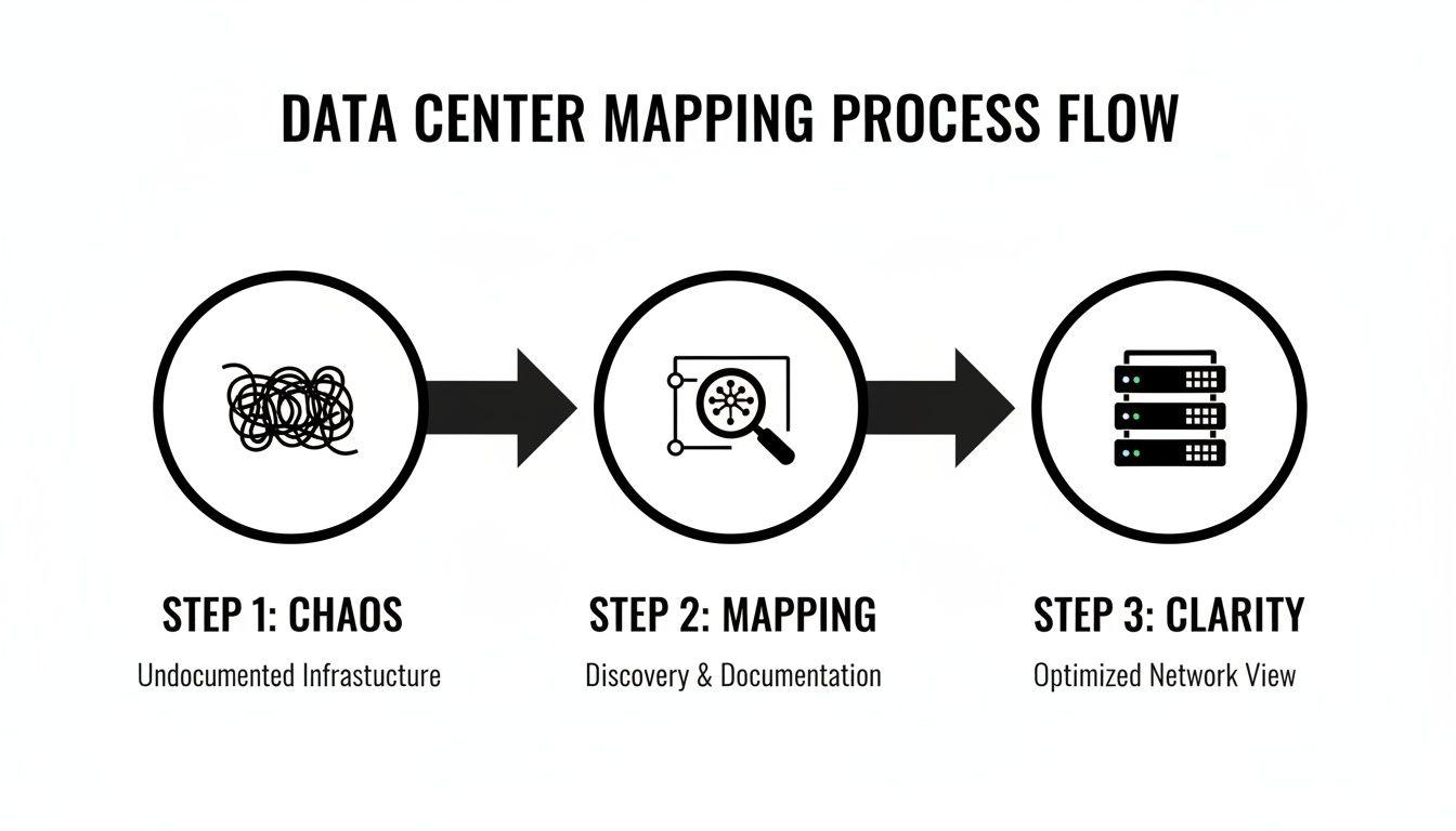 A data center mapping process flow diagram showing three steps: Chaos, Mapping, and Clarity.