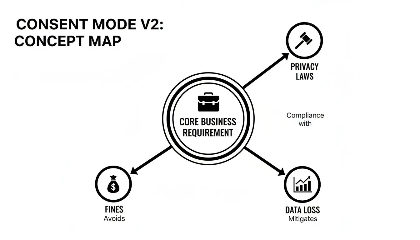 Consent Mode V2 concept map showing core business requirements for privacy laws, avoiding fines, and mitigating data loss.