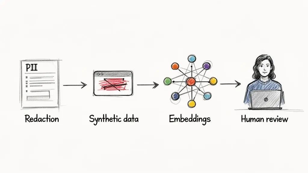 A four-step process illustrating data privacy: PII redaction, synthetic data, embeddings, and human review.
