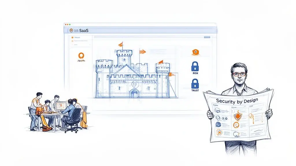 Illustration showing cybersecurity concepts with a castle blueprint, team, and 'Security by Design' newspaper.