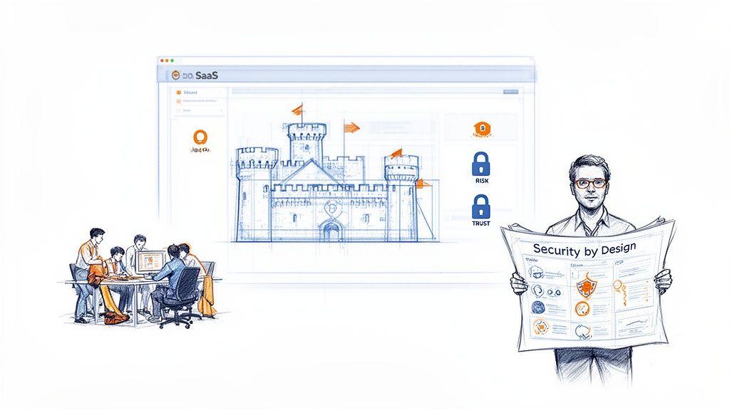 Illustrazione che mostra concetti di cybersecurity con il progetto di un castello, un team e un giornale "Security by Design".