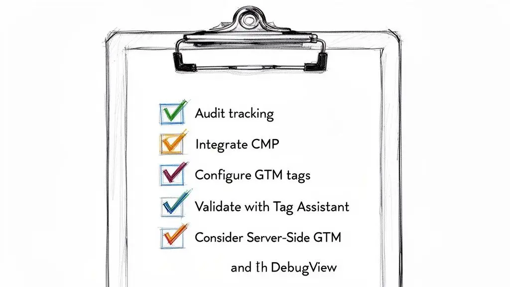 A clipboard showing a checklist for web tracking setup, including GTM and CMP integration.