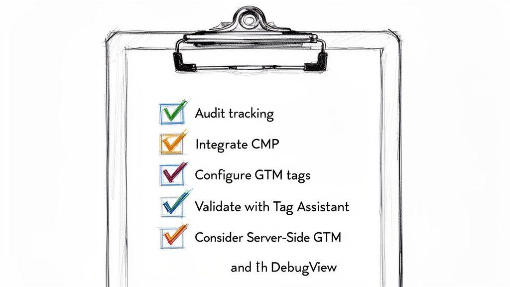 Una clipboard che mostra una checklist per la configurazione del tracciamento web, inclusa l’integrazione di GTM e CMP.