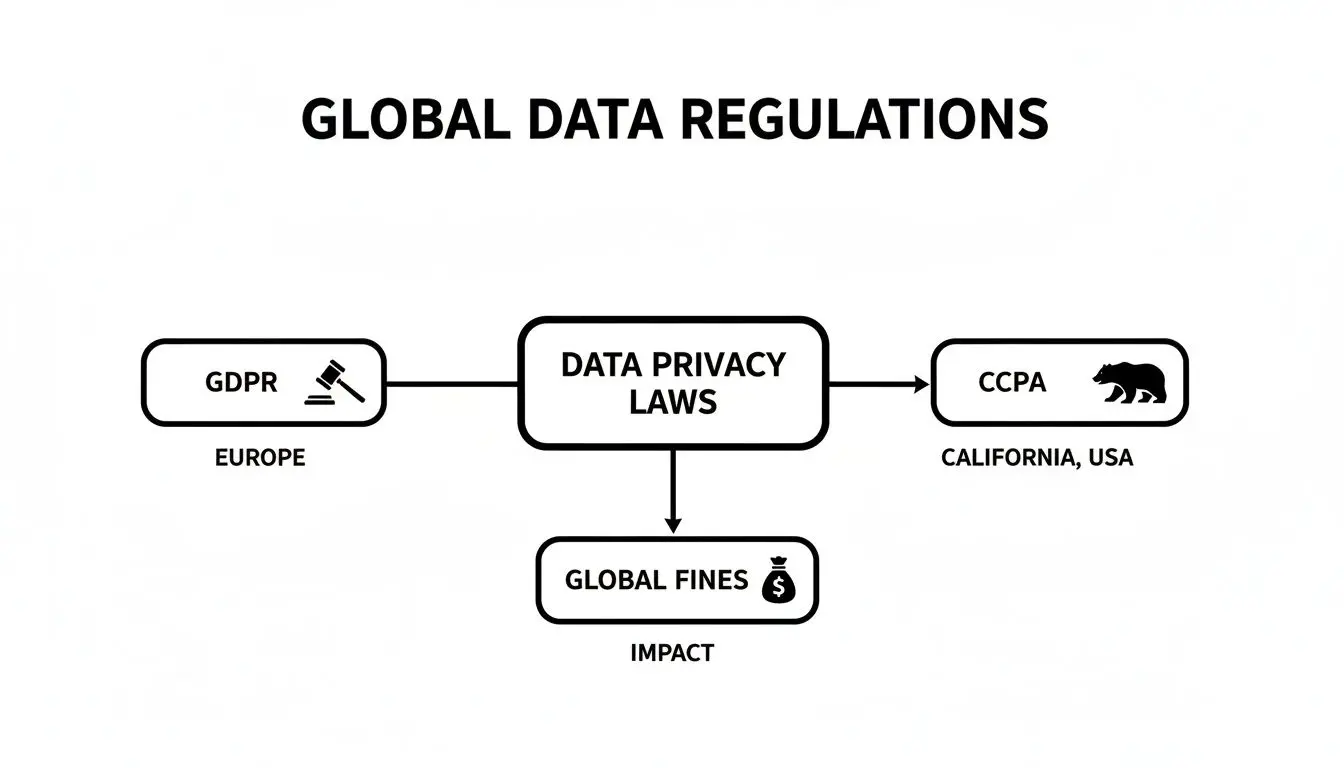 Diagramma di flusso che illustra le normative globali sui dati, tra cui GDPR (Europa) e CCPA (California, USA), che portano a sanzioni globali.