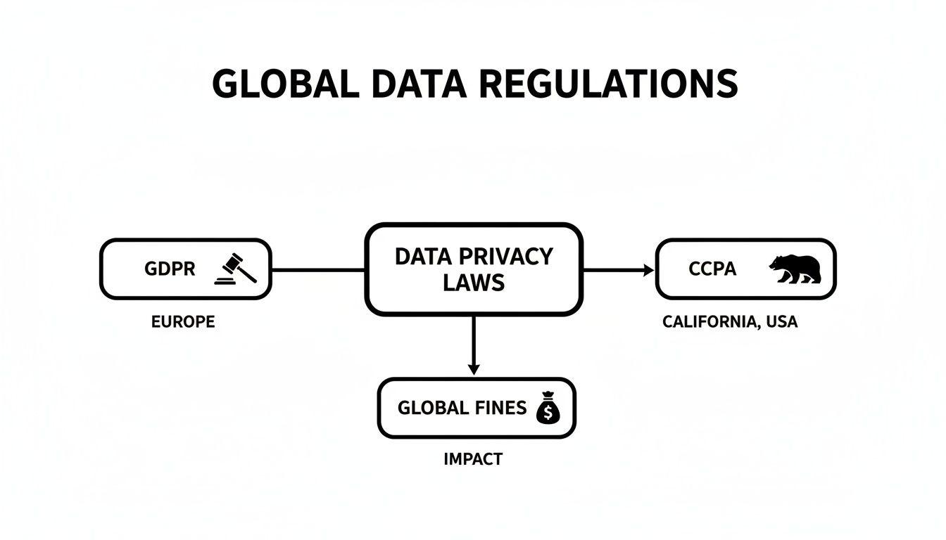 Diagramma di flusso che illustra le normative globali sui dati, tra cui GDPR (Europa) e CCPA (California, USA), che portano a sanzioni globali.